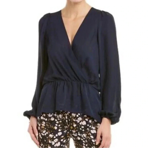 ALC NWT Navy Blue Silk V Neck Peplum Blouse Top Button Closure 4 - Picture 1 of 8